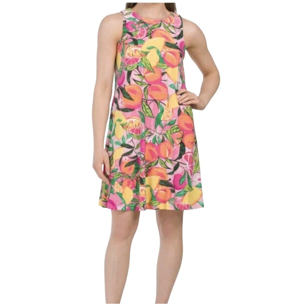PAPPAGALLO Colorful Swing Shift Dress Size M Tropical Sleeveless Lemon Peach
